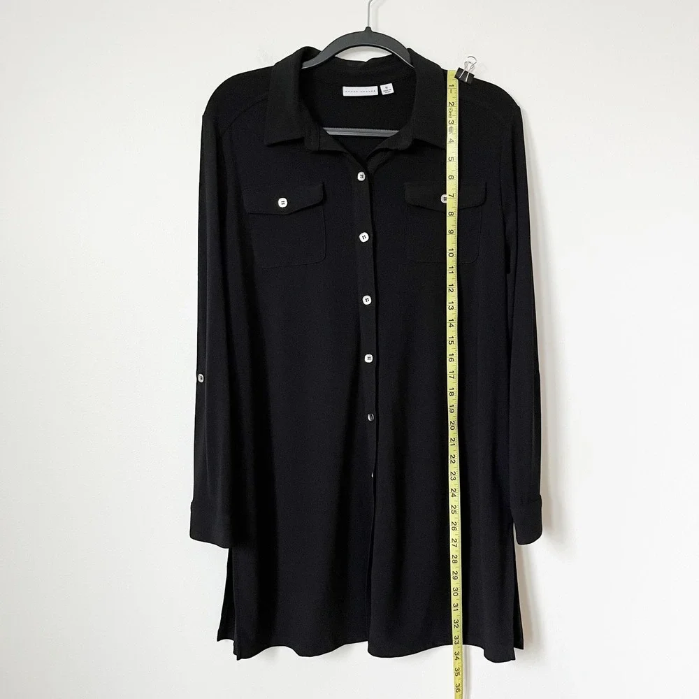 Susan Graver Liquid Knit Button Down Shirt Dress Womens Medium Black